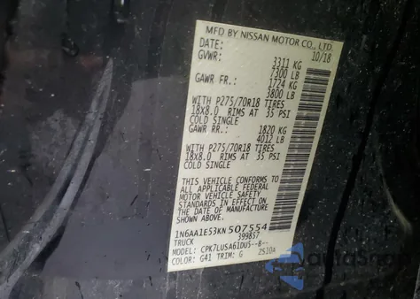 2019 Nissan Titan Sv из США, поврежденный, VIN 1N6AA1E53KN507554